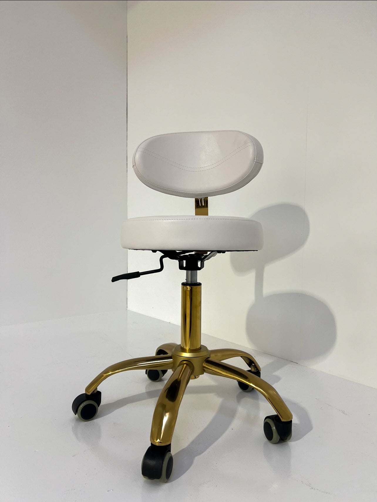 Professional White & Gold Rolling Salon Stool with Backrest