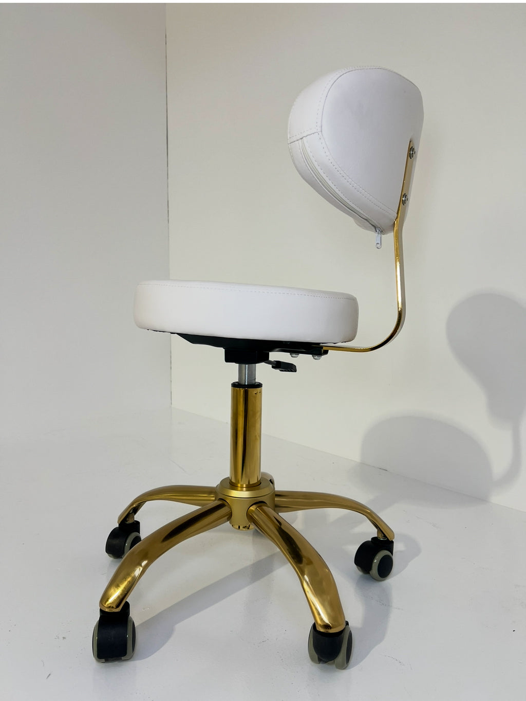 Professional White & Gold Rolling Salon Stool with Backrest