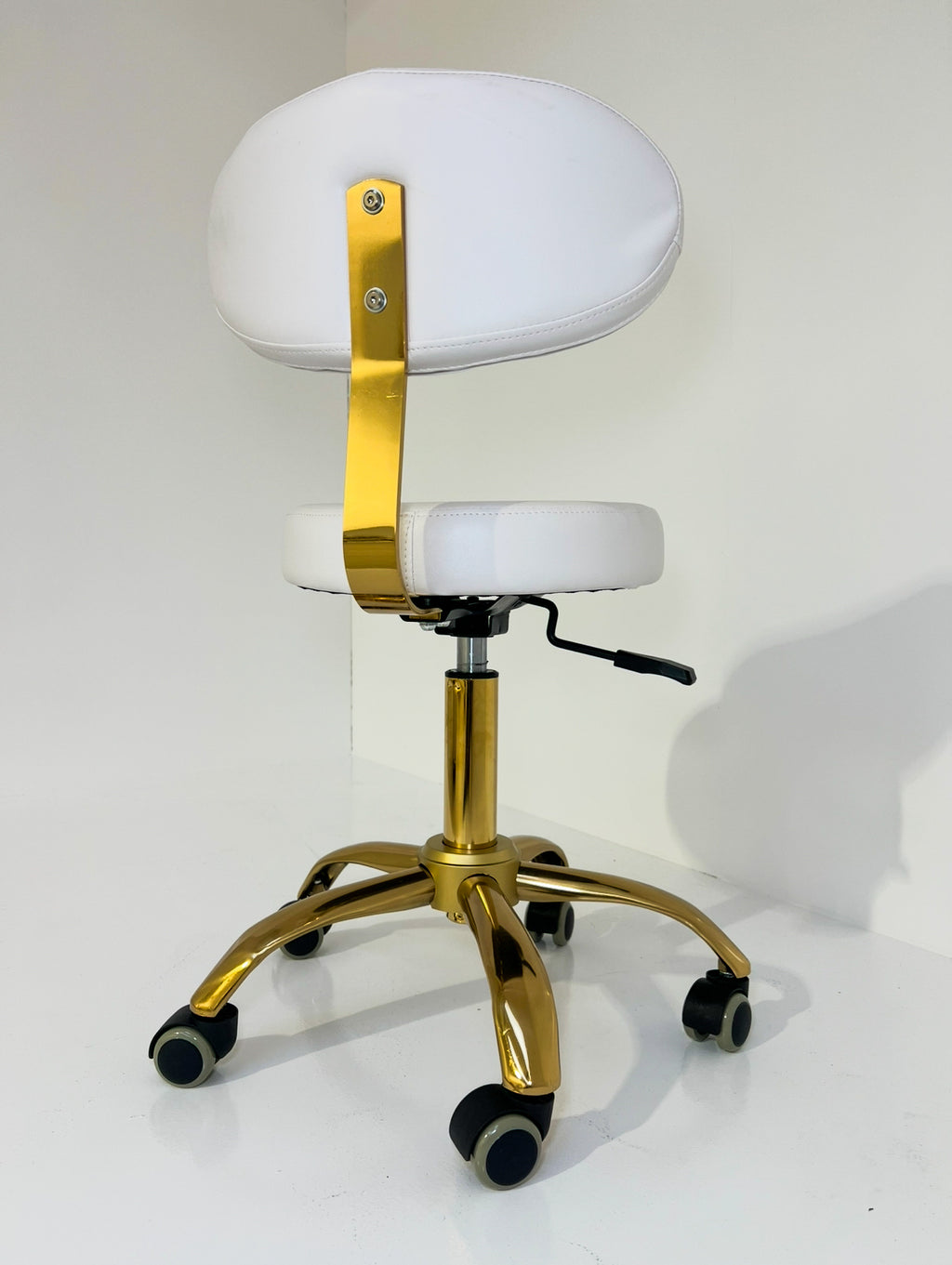 Professional White & Gold Rolling Salon Stool with Backrest