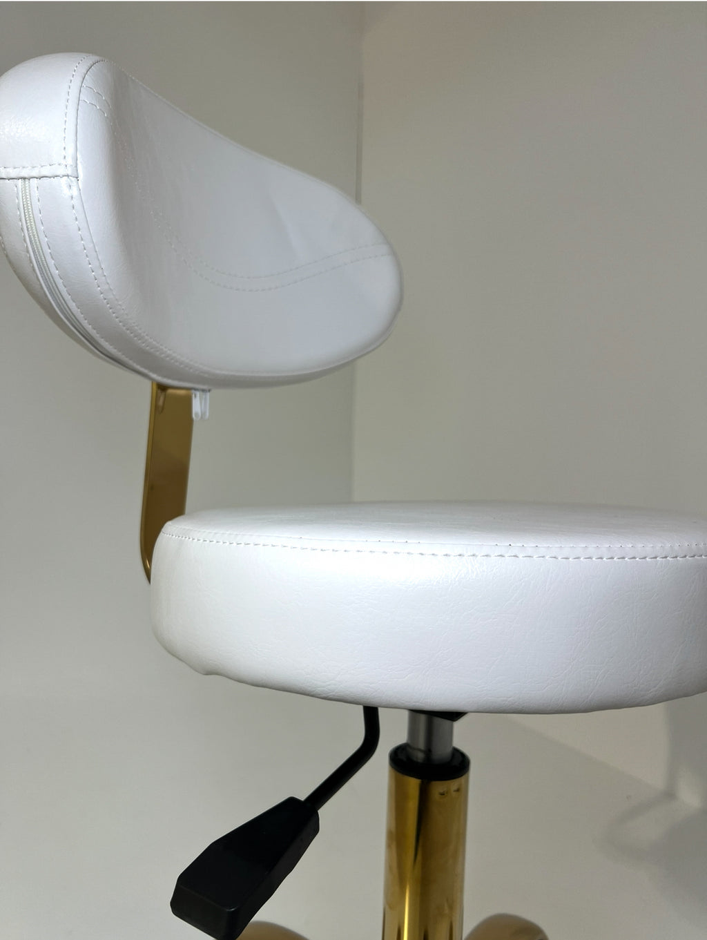 Professional White & Gold Rolling Salon Stool with Backrest